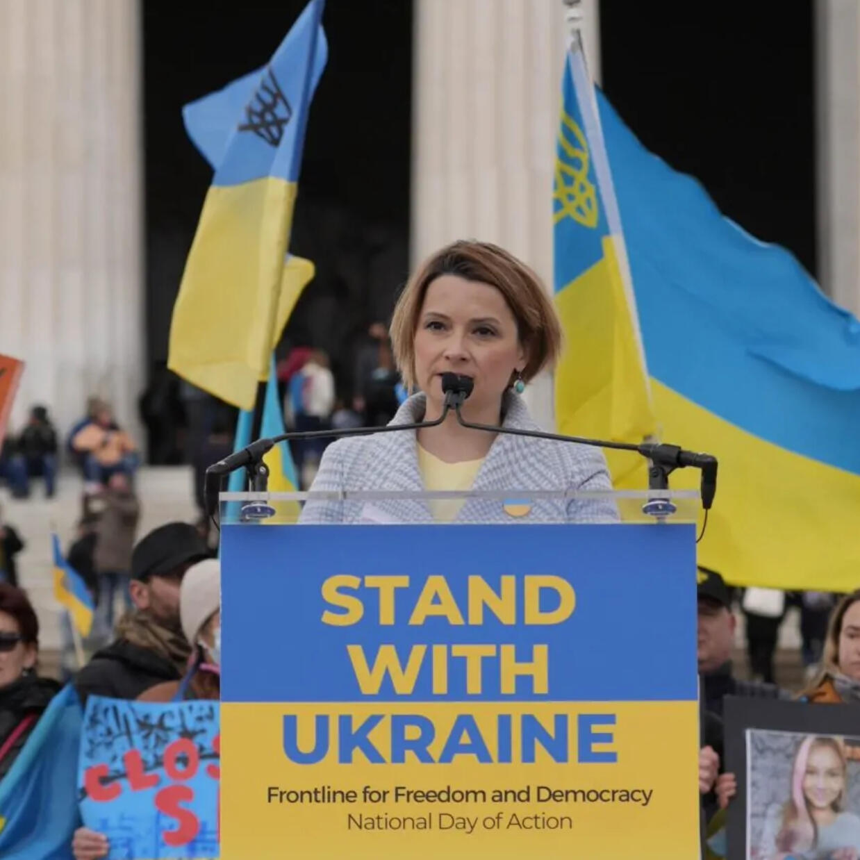 United Help Ukraine A spokeswoman for United Help Ukraine presents a speech